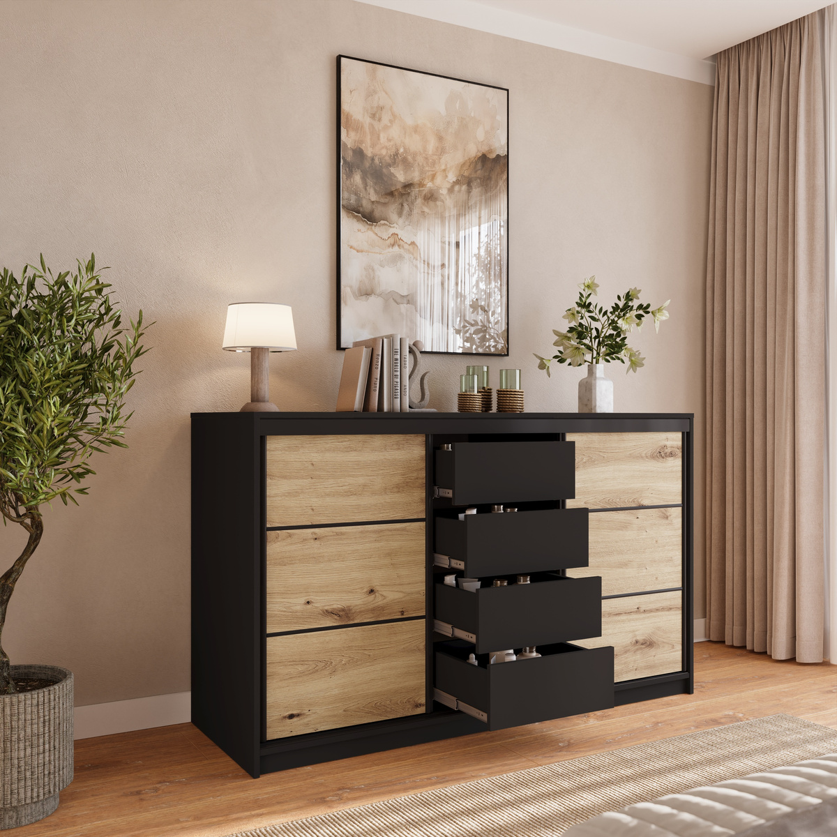 Pojemna komoda przesuwna 160 cm z szufladami LOFT dąb artisan