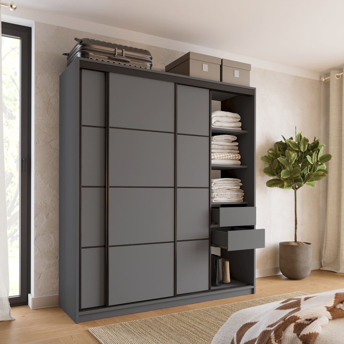 Pojemna szafa przesuwna z szufladami i półkami 180 cm LOFT
