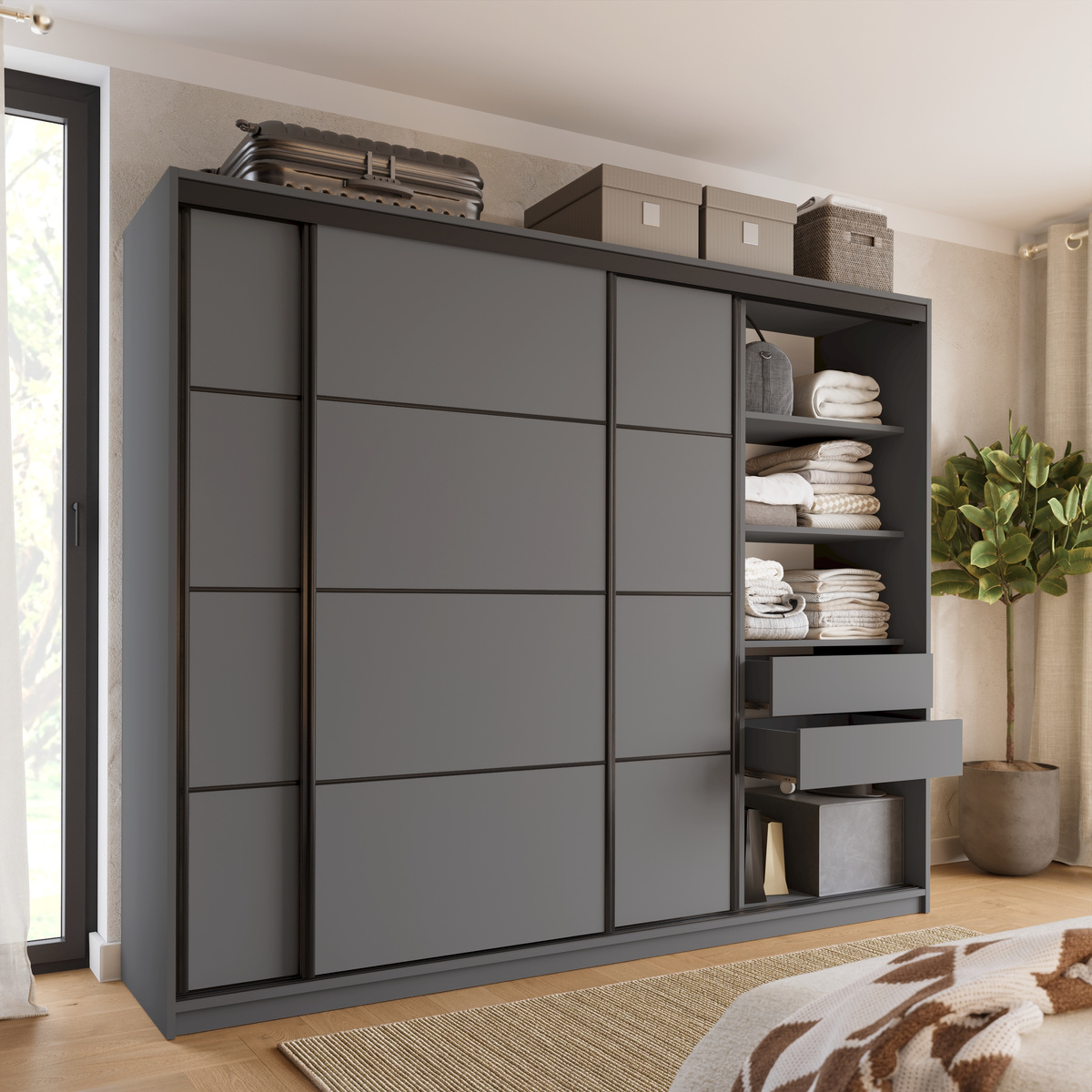 Pojemna szafa przesuwna z szufladami i półkami 250 cm LOFT