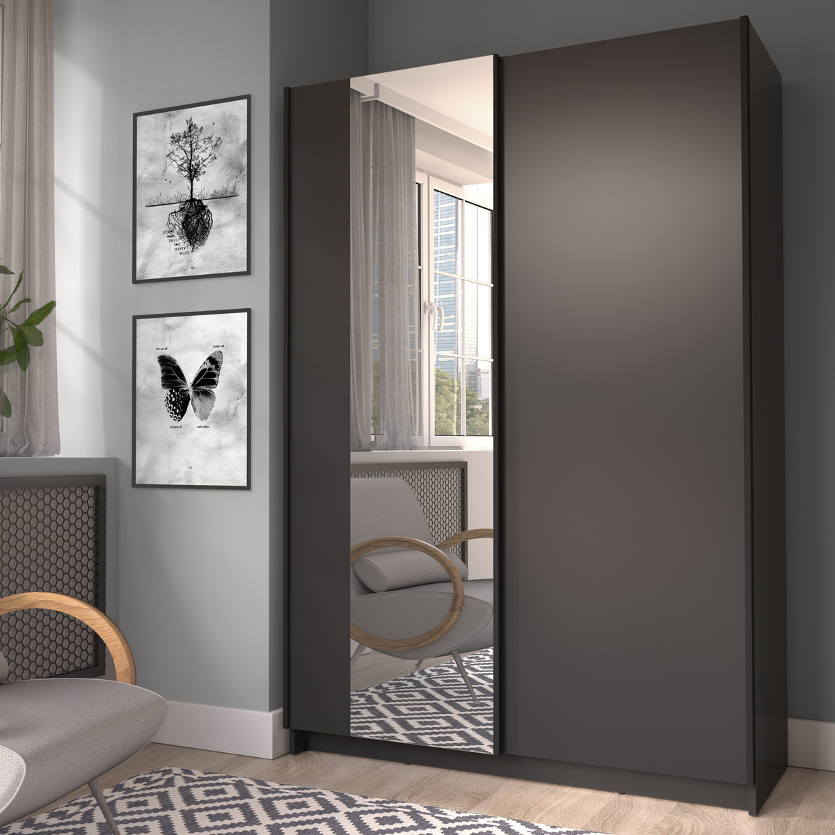 Nowoczesna szafa przesuwna z lustrem 120 cm SOLFY czarna
