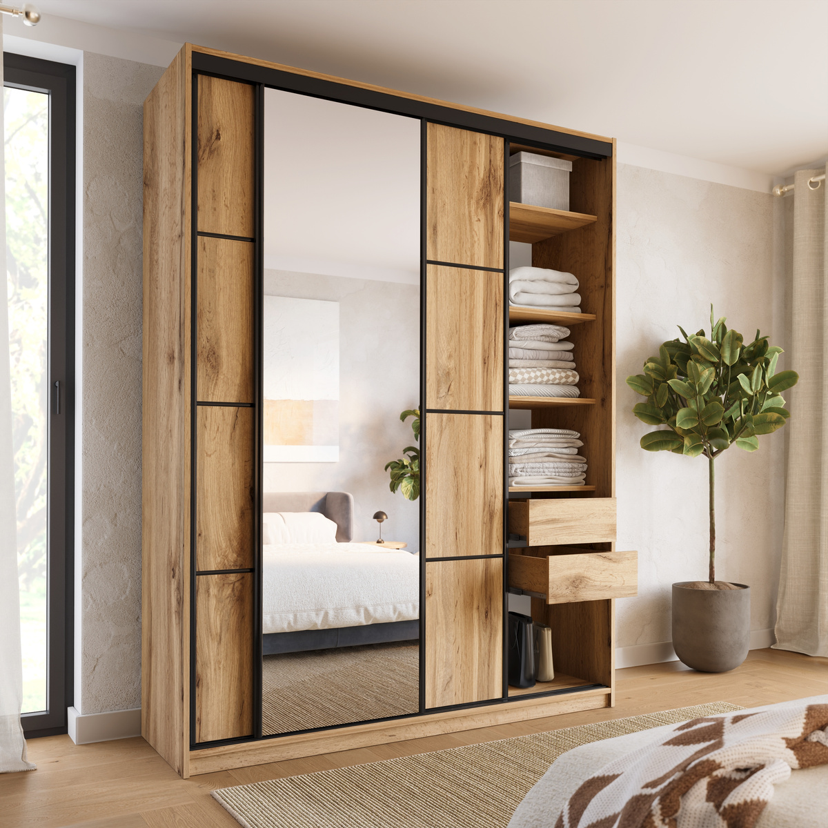 Pojemna szafa przesuwna z lustrem 180 cm LOFT MAX dąb wotan