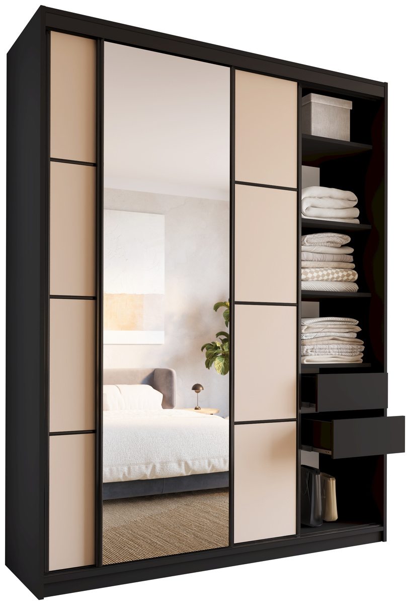 Pojemna beżowa szafa przesuwna z lustrem 180 cm LOFT MAX