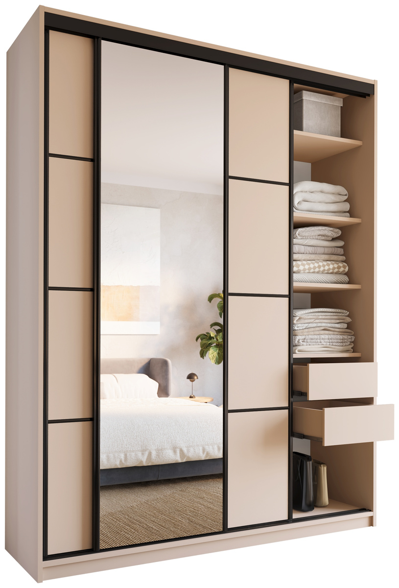 Pojemna beżowa szafa przesuwna z lustrem 180 cm LOFT MAX