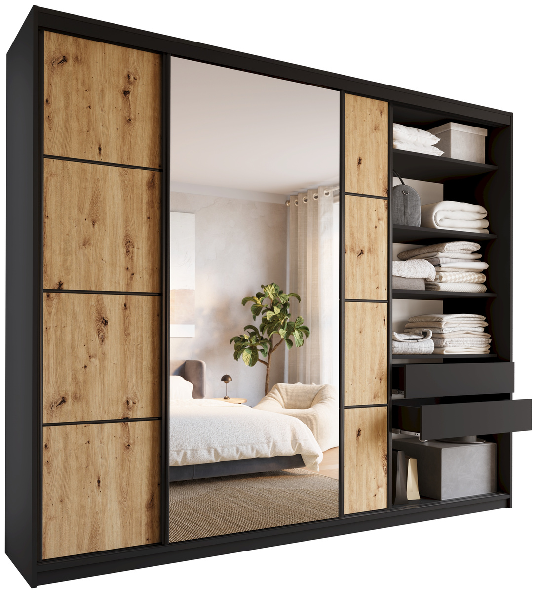Pojemna szafa przesuwna z lustrem 280 cm LOFT MAX dąb artisan