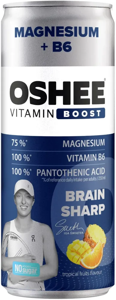 Napój gazowany Oshee Vitamin Boost, Magnez + witamina B6, owoce tropikalne, puszka, 250ml, KAUCJA