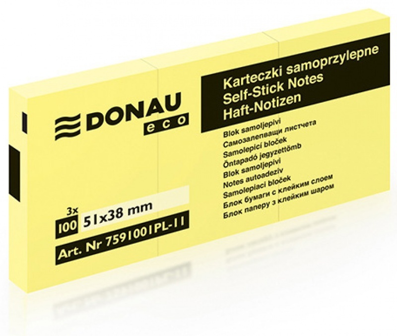 Karteczki samoprzylepne Donau Eco, 38x51mm, 3x 100 karteczek, jasnożółty