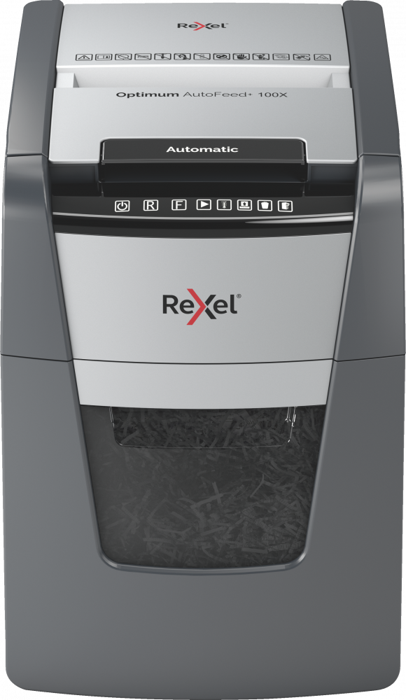 Niszczarka do papieru automatyczna Rexel Optimum AutoFeed+ 100X, konfetti 4x28 mm, 100 kartek, P-4 DIN, czarno-srebrny