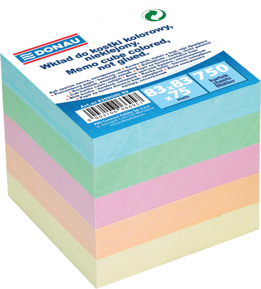 Karteczki do notatek Donau, nieklejone, 83x83x75mm, 750 kartek, mix kolorów