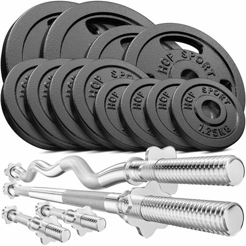 Set d’haltères en fonte 66 kg avec barre de musculation longue, barre Curl EZ et barres courtes