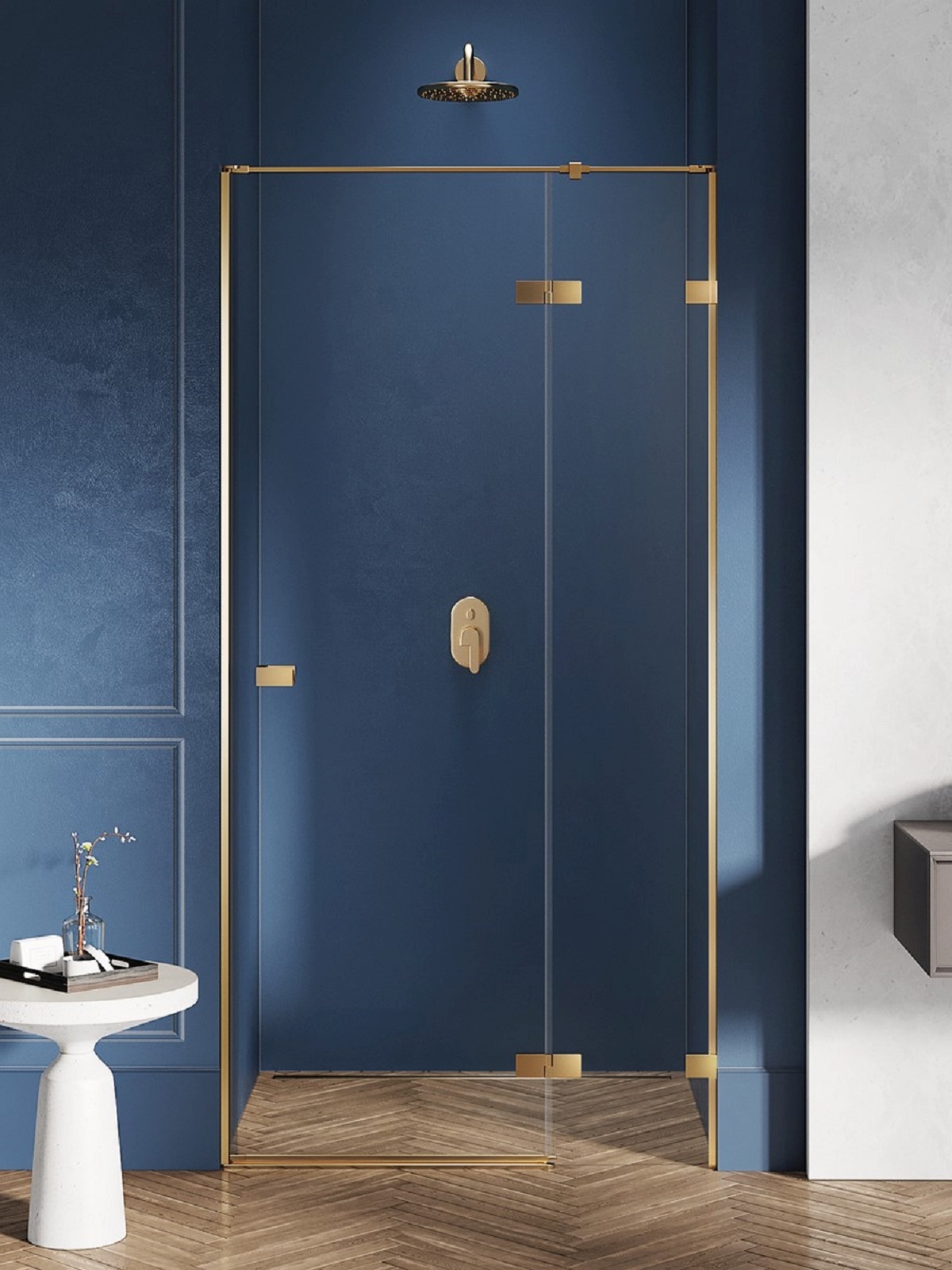 New Trendy Avexa Gold Brushed drzwi prysznicowe 90 cm uchylne prawe złoty szczotkowany/szkło przezroczyste EXK1717