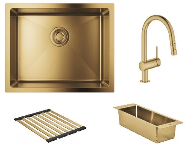 Zestaw Grohe K700 zlewozmywak stalowy Brushed Cool Sunrise z baterią kuchenną Minta, ociekaczem i wkładką ociekową (31574GN1, ...