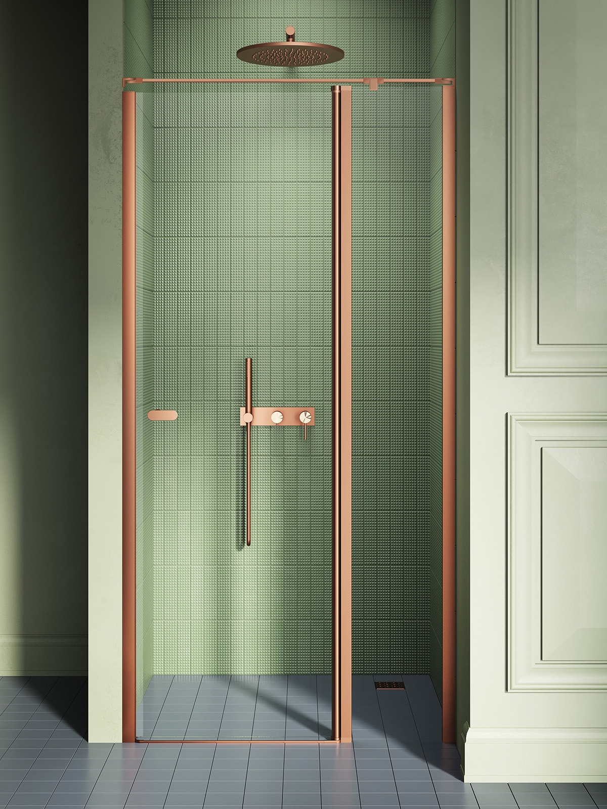 New Trendy New Soleo Copper Brushed drzwi prysznicowe 90 cm uchylne miedź szczotkowana/szkło przezroczyste D-0521A-WK