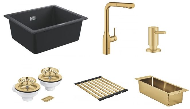 Zestaw Grohe K700 zlewozmywak granitowy czarny z baterią kuchenną Essence, dozownikiem mydła, zestawem odpływowym, ociekaczem i ...