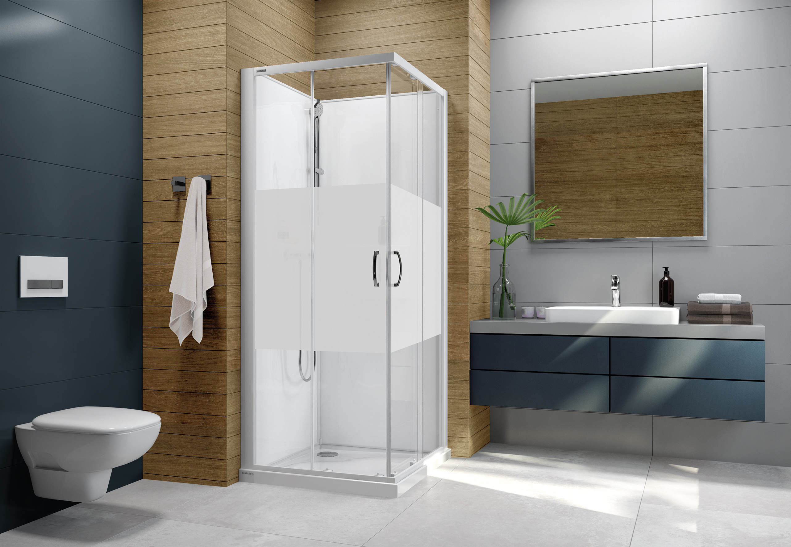 Darmowa Dostawa - Kabina z brodzikiem i zestawem prysznicowym 100x80 cm prostokątna biały połysk/szkło ze wzorem Sanplast Basic Complete Mineral 