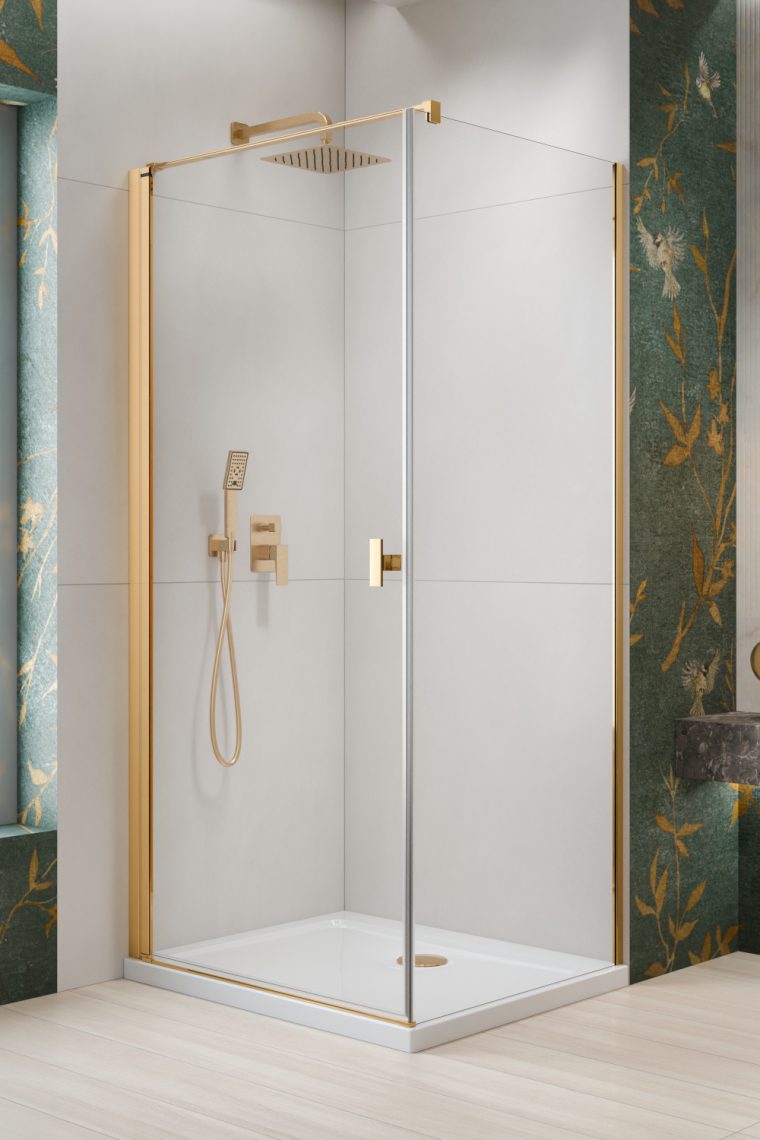 Darmowa Dostawa - Drzwi prysznicowe 90 cm uchylne złoty połysk/szkło przezroczyste Radaway Nes Brushed Gold KDJ 100220900901L