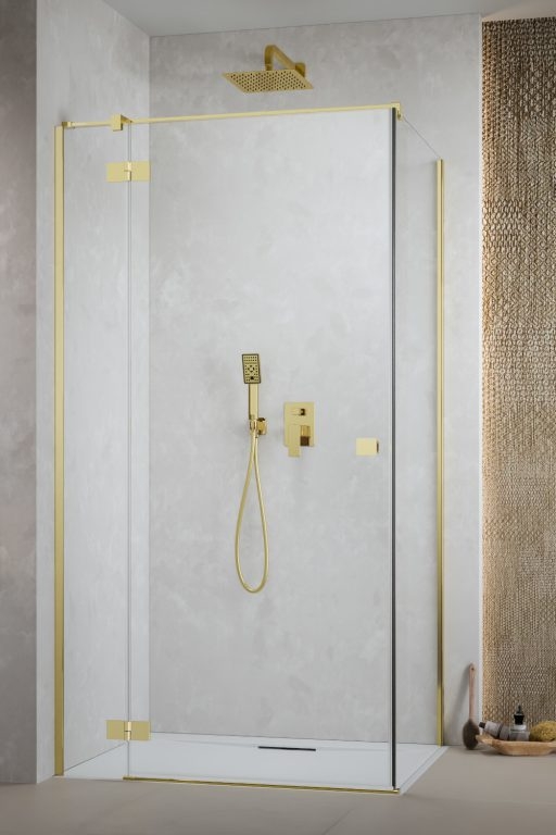 Darmowa Dostawa - Drzwi prysznicowe 90 cm uchylne złoty połysk/szkło przezroczyste Radaway Essenza Gold KDJ 13850440901L