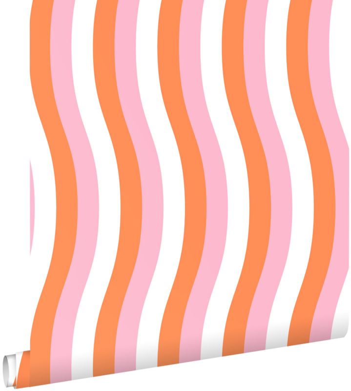 Tapeta ESTAhome faliste paski pomarańczowymIróżowym 50 x 900 cm - 1 rol.