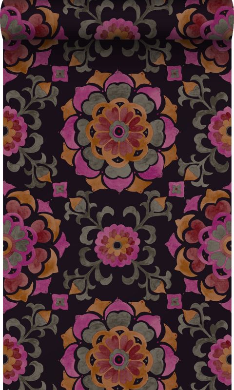 Tapeta Origin Wallcoverings suzanne kwiaty czarnym,pomarańczowymIróżowym 53 cm x 10.05 m - 1 rol.
