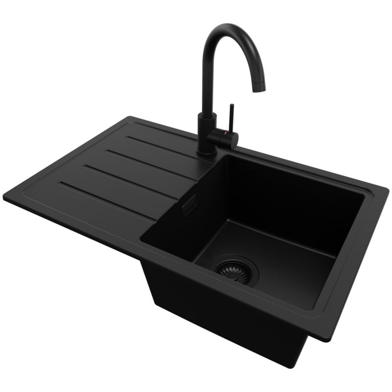 Zlewozmywak Granitowy Kopenhaga Easy PRIMAGRAN Nablatowy 70x44cm do szafki od 45cm, Cały Czarny + Bateria + Syfon, S046, 1 szt.