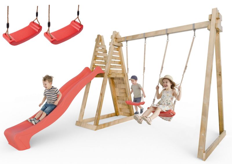 Plac zabaw dla dzieci Meblogród Mini Przygoda czerwona zjeżdżalnia i huśtawki, wieża, drabinka, 1kpl