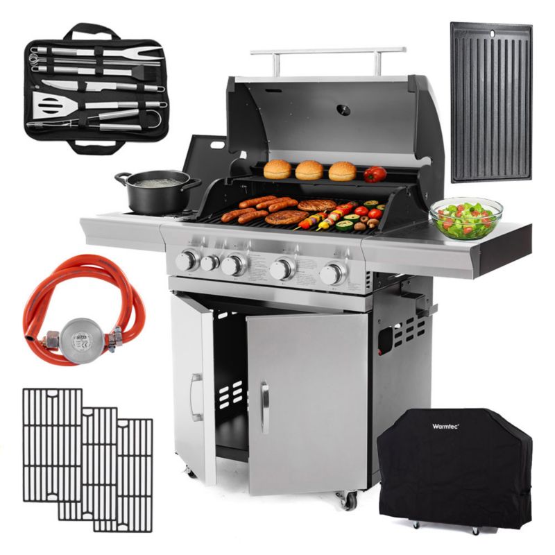 Ogrodowy grill gazowy Warmtec SilverFlame 17,5 kW 5 palników kółka + sztućce + dodatkowe akcesoria 1 szt.