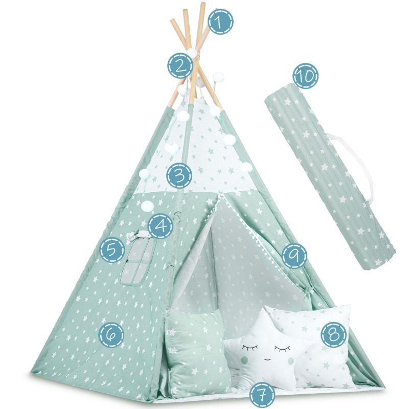 Namiot Tipi wigwam dla dzieci Nukido NK-400 miętowy girlanda poduszki stabilizator 1szt.