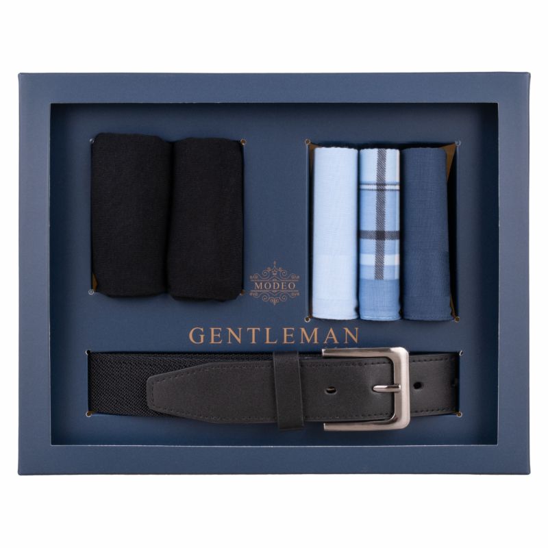 Zestaw prezentowy męski Prestige Men pasek+skarpety+chusteczki rozmiar 39-45 Modeo czarny 40x40 cm 1 kpl.