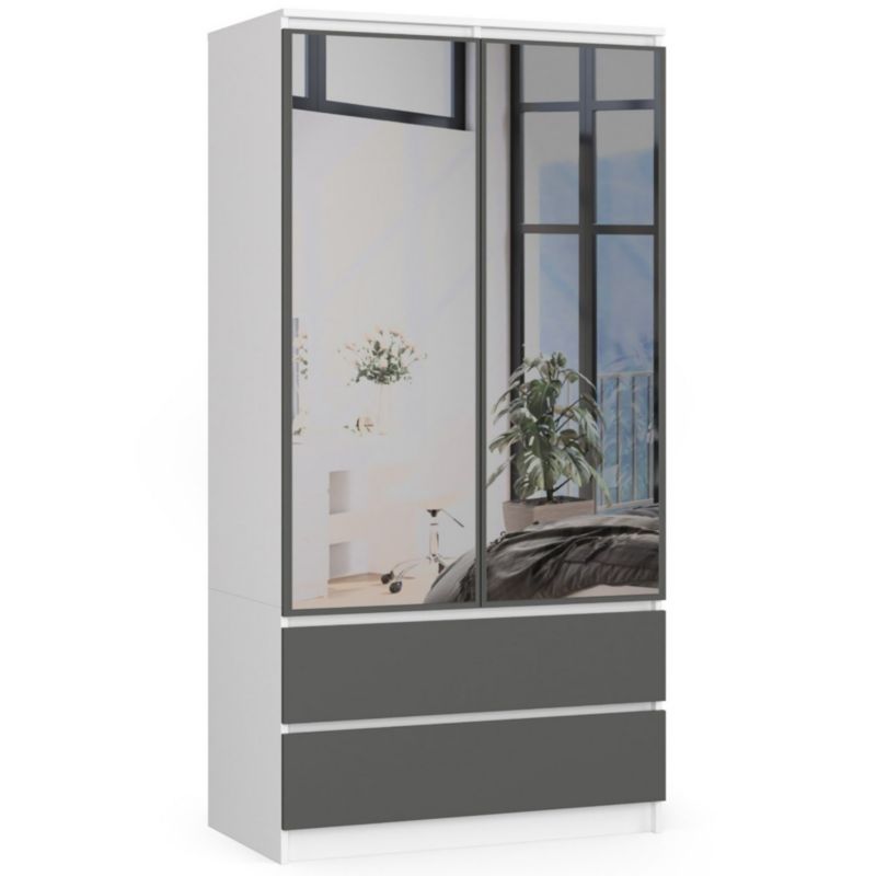 Szafa Akord S90 Biała 90 cm z lustrem 2 drzwi 2 szuflady kolor Grafit Szary mat 4 półki 90x51x180 cm 1 szt.