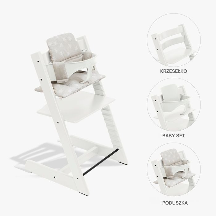 Stokke Tripp Trapp Bundle - krzesełko do karmienia + zestaw Baby Set V2 + poduszka Classic-White, Star Silver