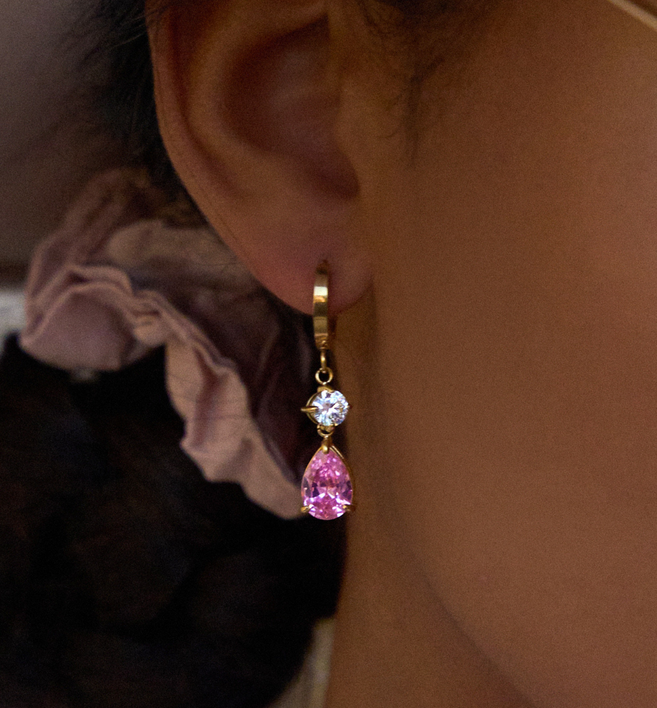Kolczyki złote z różowym kryształem Pink Teardrop KSC0125