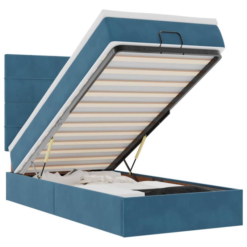 Łóżko otomana WaszeMeble z materacem 90x200 cm Ciemnoniebieski aksamit z LED ze schowkiem WM-3314298 1 szt.