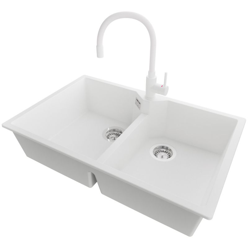 Zlewozmywak Granitowy Madryt Twin PRIMAGRAN Nablatowy 78x50cm do szafki od 80cm, Biały + Bateria 38x14cm + Syfon, S023, 1 szt.