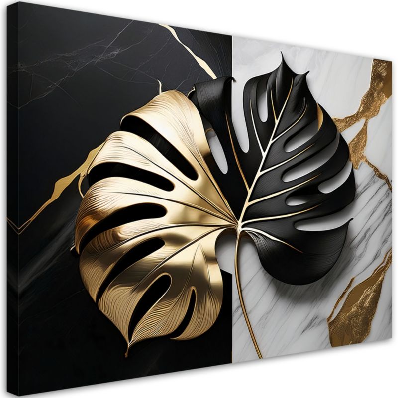 Obraz do salonu Feeby Liść Monstery Złoty Czarny Marmur 60x40 cm 1szt