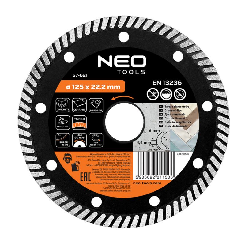 Tarcza diamentowa NEO TOOLS 125 x 22.2 mm, turbo super cienka 1 szt
