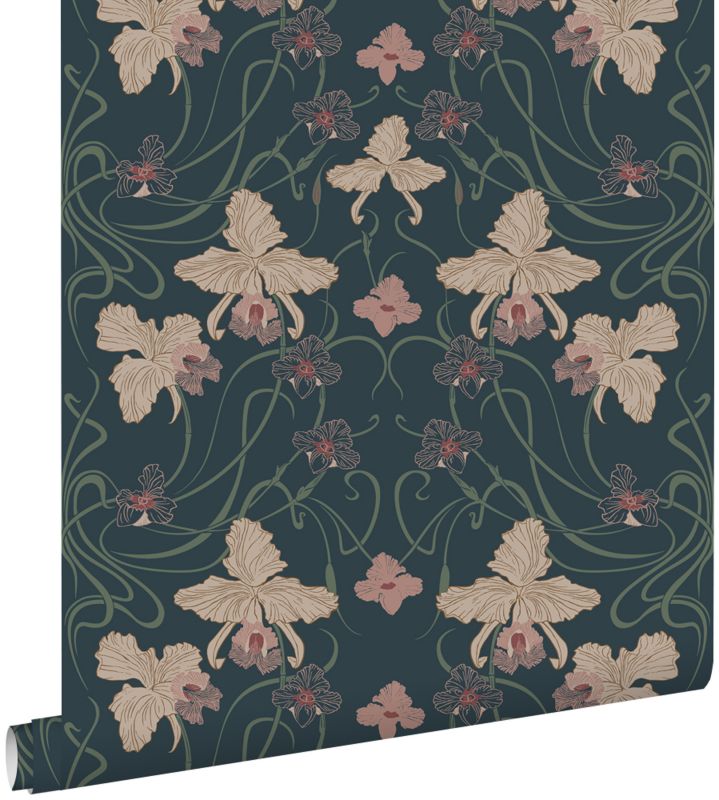 Tapeta ESTAhome vintage kwiaty w stylu secesyjnym ciemnoniebieskim,beżowymIszaro zielonym 50 x 900 cm - 1 rol.