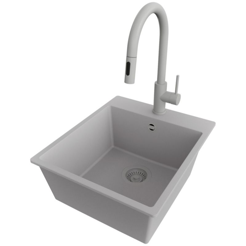 Zlewozmywak Granitowy Ryga PRIMAGRAN Nablatowy 43x50cm do szafki od 45cm, Szary + Bateria 40x20cm + Syfon, S148, 1 szt.