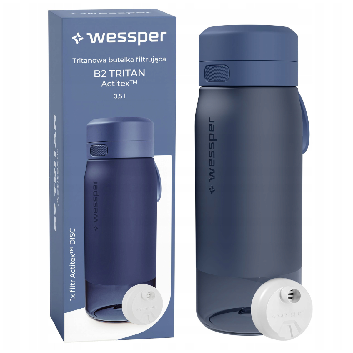 Butelka tritanowa Wessper z filtrem, niebieska 500 ml.
