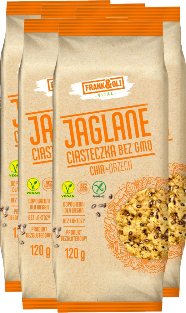 5x Ciasteczka jaglane Frank&Oli, bez GMO, z orzechami i nasionami chia, 120g
