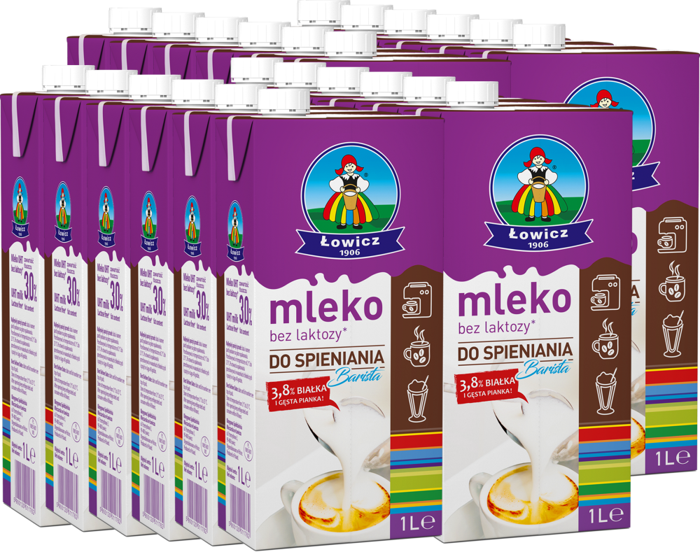 24x Mleko UHT do spieniania Łowicz, bez laktozy, 3% tłuszczu/ 3.8% białka, 1l
