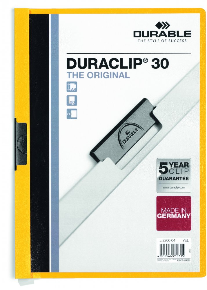 Skoroszyt plastikowy z klipsem Durable Duraclip, A4, do 30 kartek, żółty