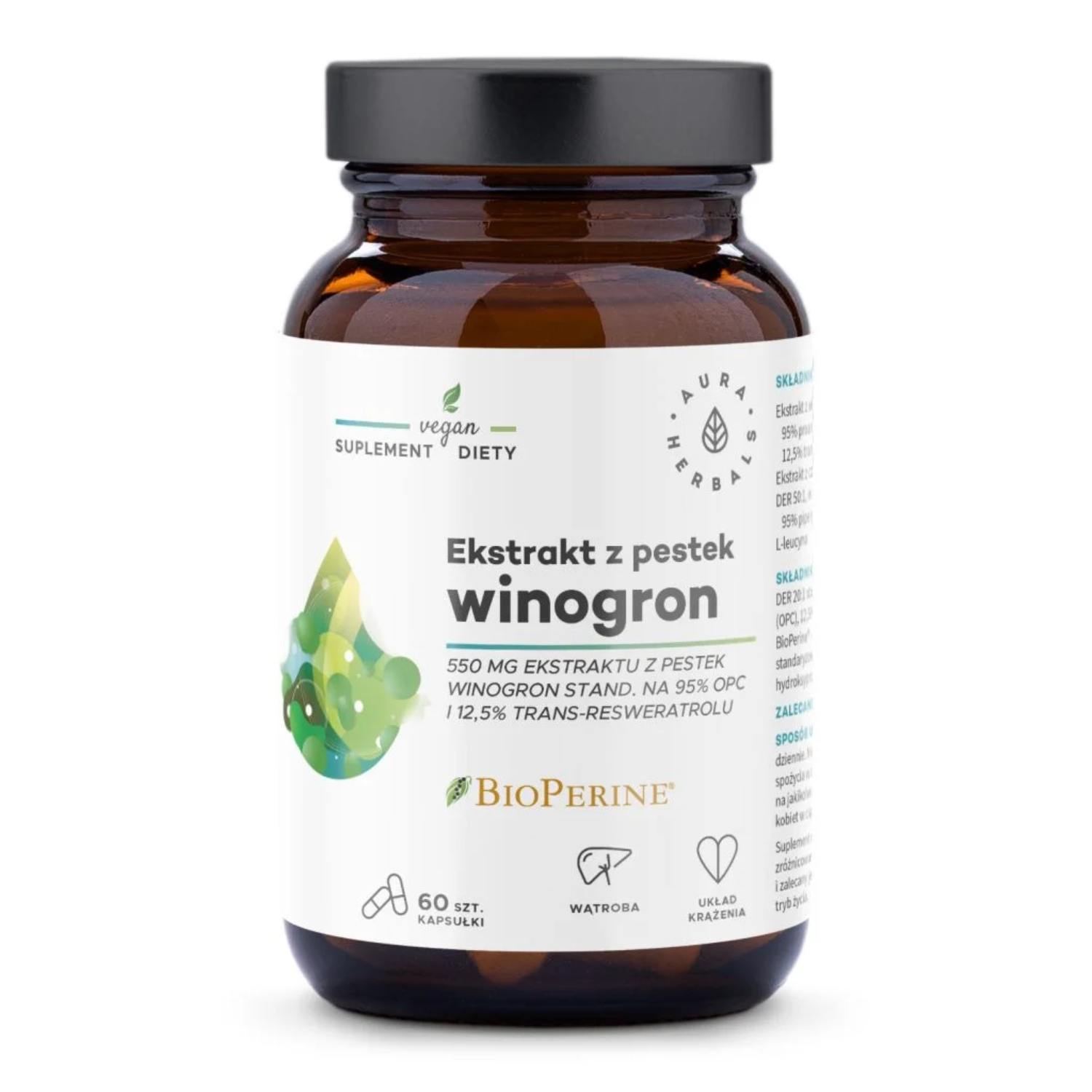 Aura herbals ekstrakt z pestek winogron 550 mg, 60 kapsułek (data ważności: 25.06.2026)
