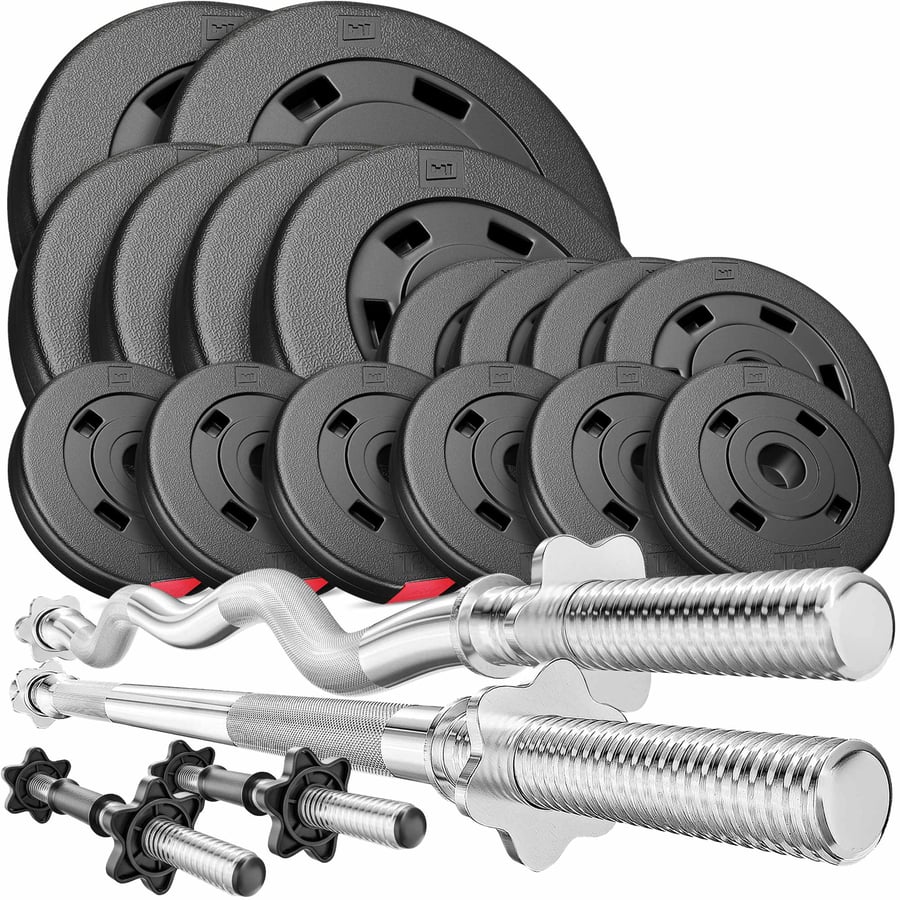 Set d’haltères en plastique 75 kg avec barre de musculation longue, barre Curl EZ et barres courtes