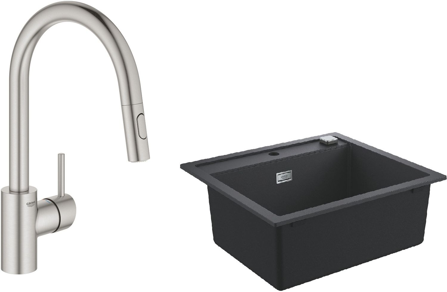 Zestaw Grohe K700 zlewozmywak 56x51 cm czarny granit z baterią kuchenną Concetto stal (31651AP0, 31483DC2)