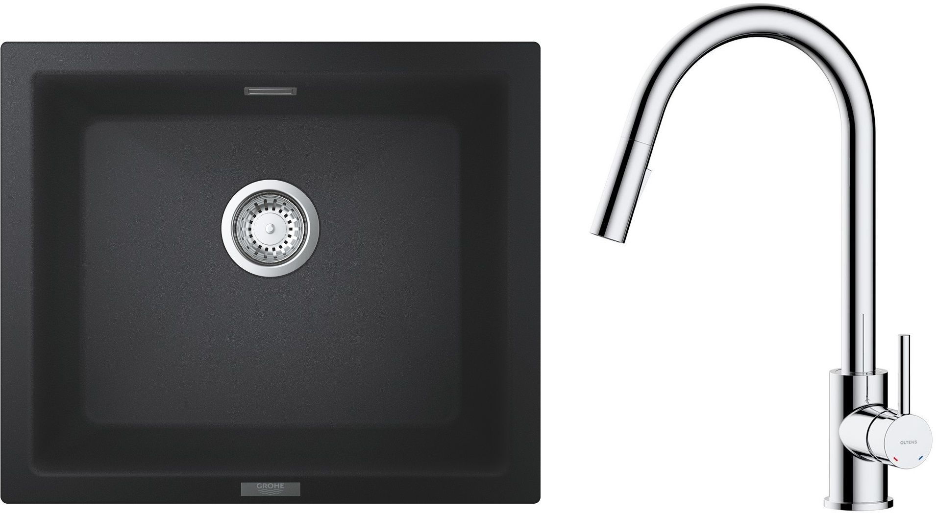Zestaw Grohe K700U zlewozmywak granitowy 53,3x45,7 cm z baterią kuchenną Oltens Litla czarny granit/chrom (31654AP0, 35204100)