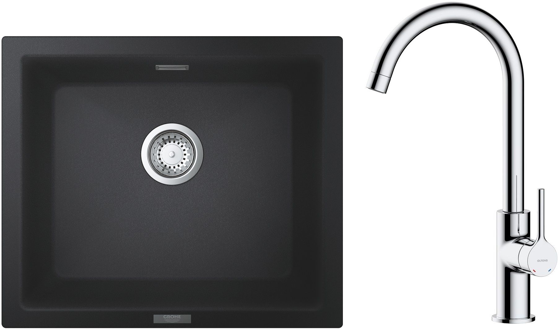 Zestaw Grohe K700U zlewozmywak granitowy 53,3x45,7 cm z baterią kuchenną Oltens Skafta czarny granit/chrom (31654AP0, 35206100)