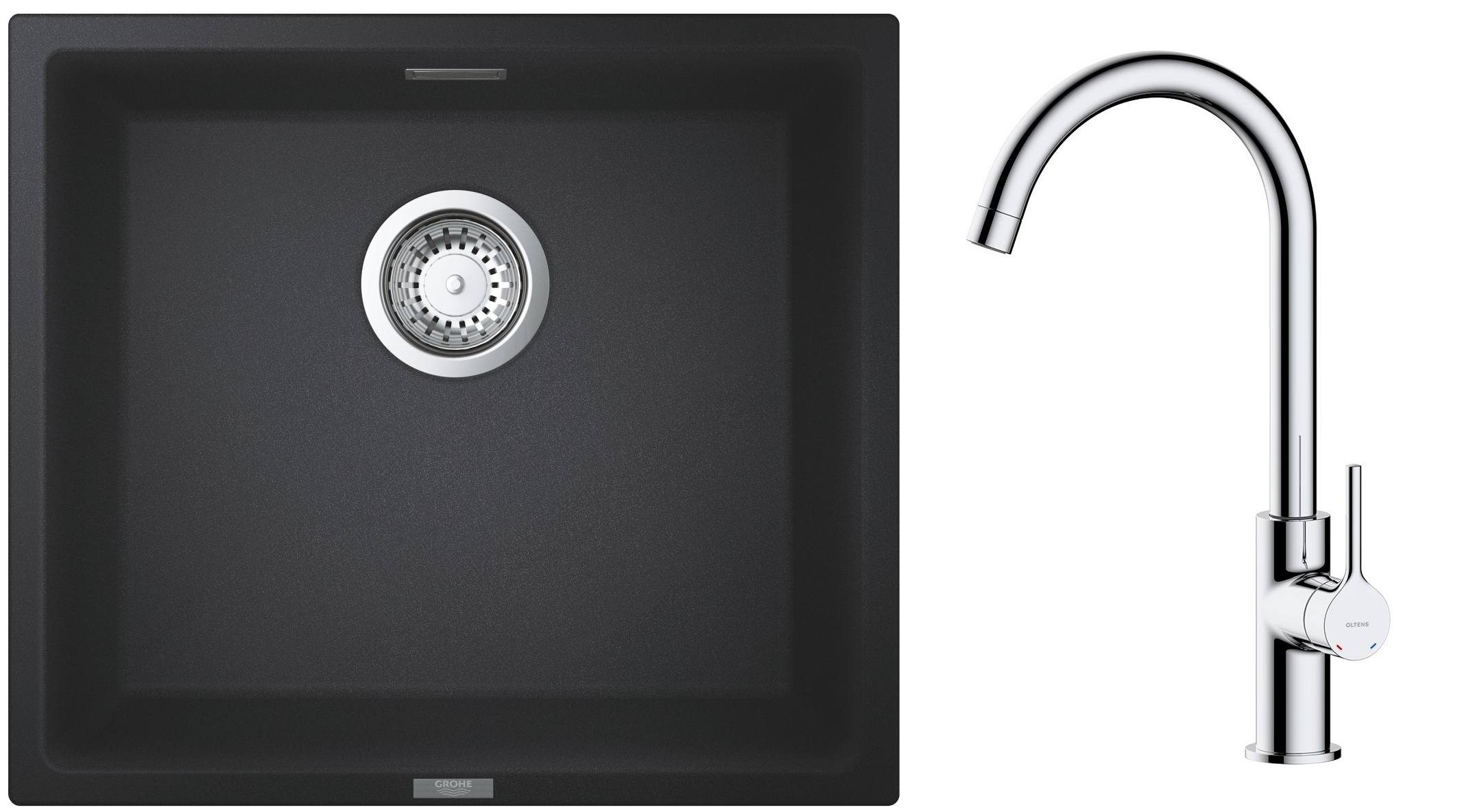 Zestaw Grohe K700 zlewozmywak granitowy 45,7x40,6 cm z baterią kuchenną Oltens Skafta czarny granit/chrom (35206100, 31653AP0)