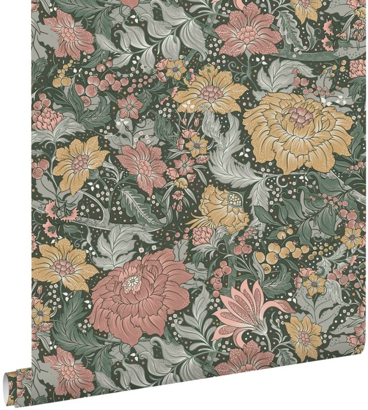 Tapeta ESTAhome zabytkowe kwiaty niebiesko-zielonym,starego różuIochry żółtej 50 x 900 cm - 1 rol.