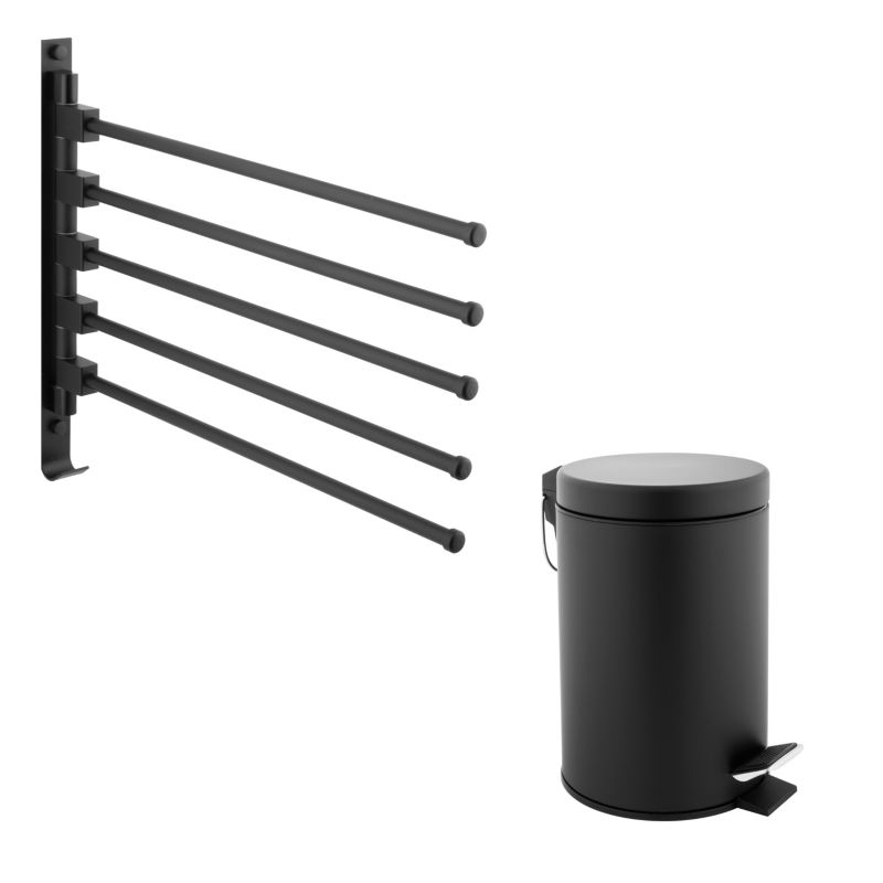 Yoka Home zestaw łazienkowy czarny kosz 3L + wieszak ścienny 5-ramienny - 1 szt.