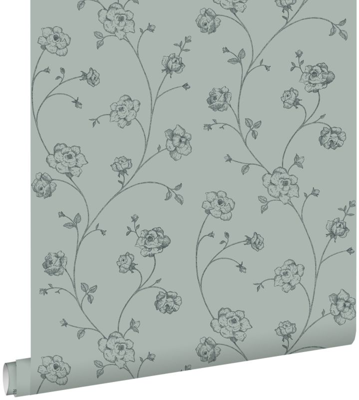 Tapeta ESTAhome róże toile de jouy szaro zielonym 53 cm x 10.05 m - 1 rol.