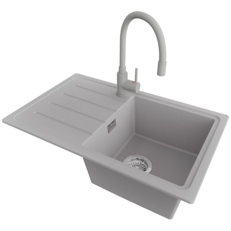 Zlewozmywak Granitowy Kopenhaga Easy PRIMAGRAN Nablatowy 70x44cm do szafki od 45cm, Szary + Bateria 38x14cm + Syfon, S065, 1 szt.